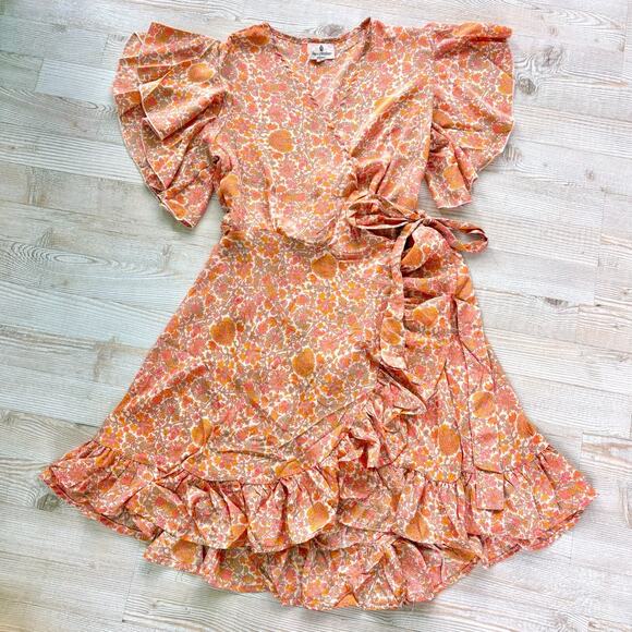 Perry Walker Collective Madi Mini Silk Ruffle‎ Wrap Dress | Orange Floral Size 2 - Picture 1 of 8
